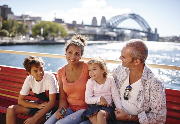 Picture of a family sitting on a Sydney Harbour Ferry 